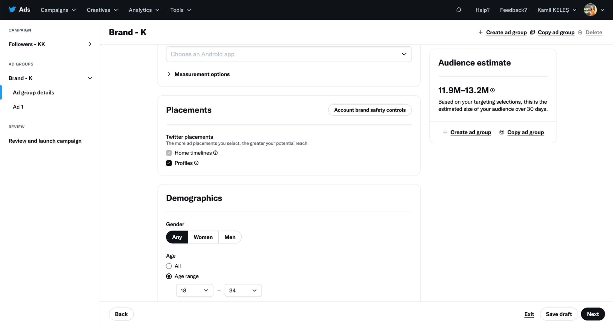 Twitter Ads kampanyasında parametre ve yerleşim ayarları ekranı