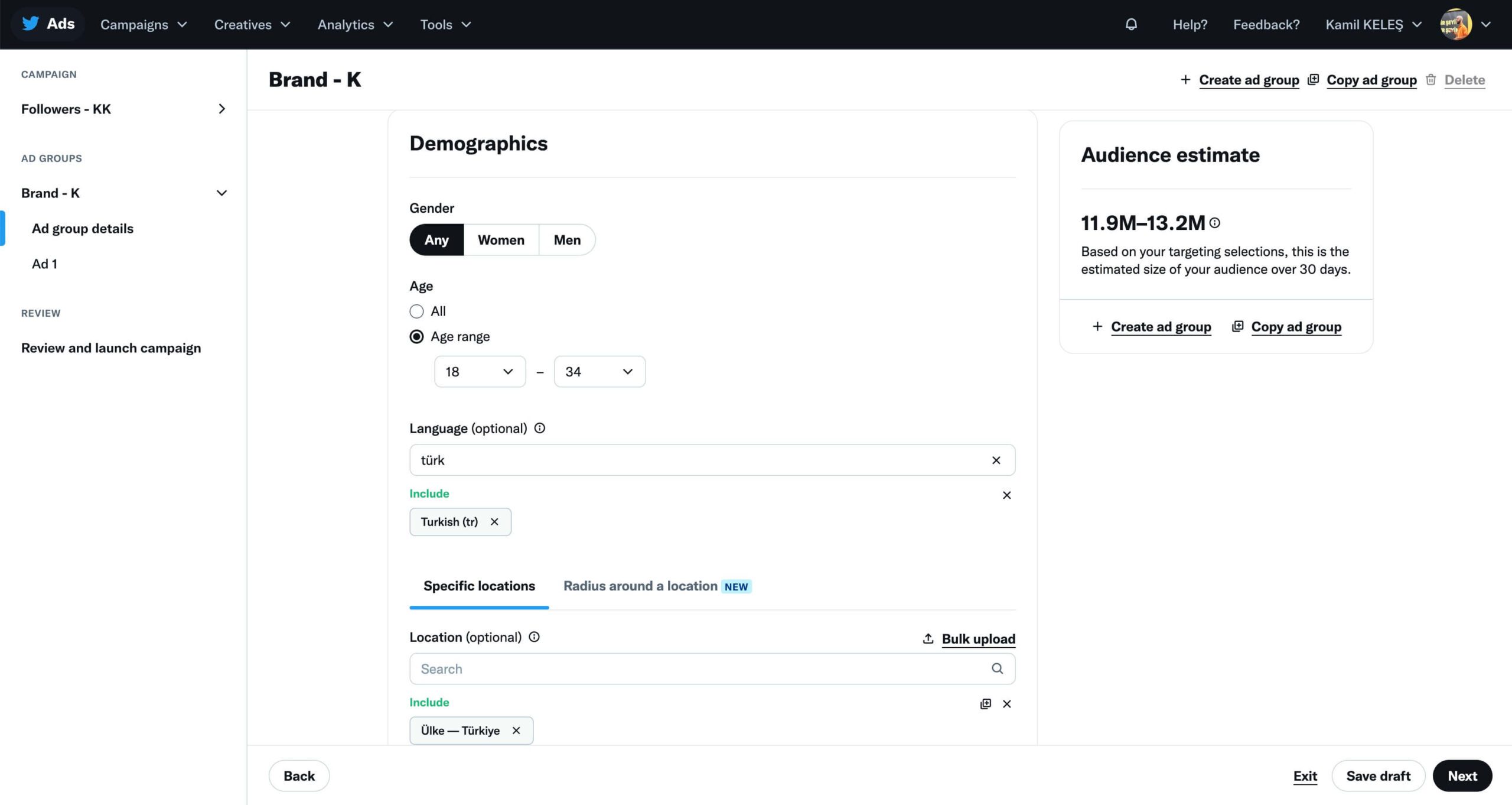 Twitter Ads kampanyasında demografik hedef kitle ayarları ekranı
