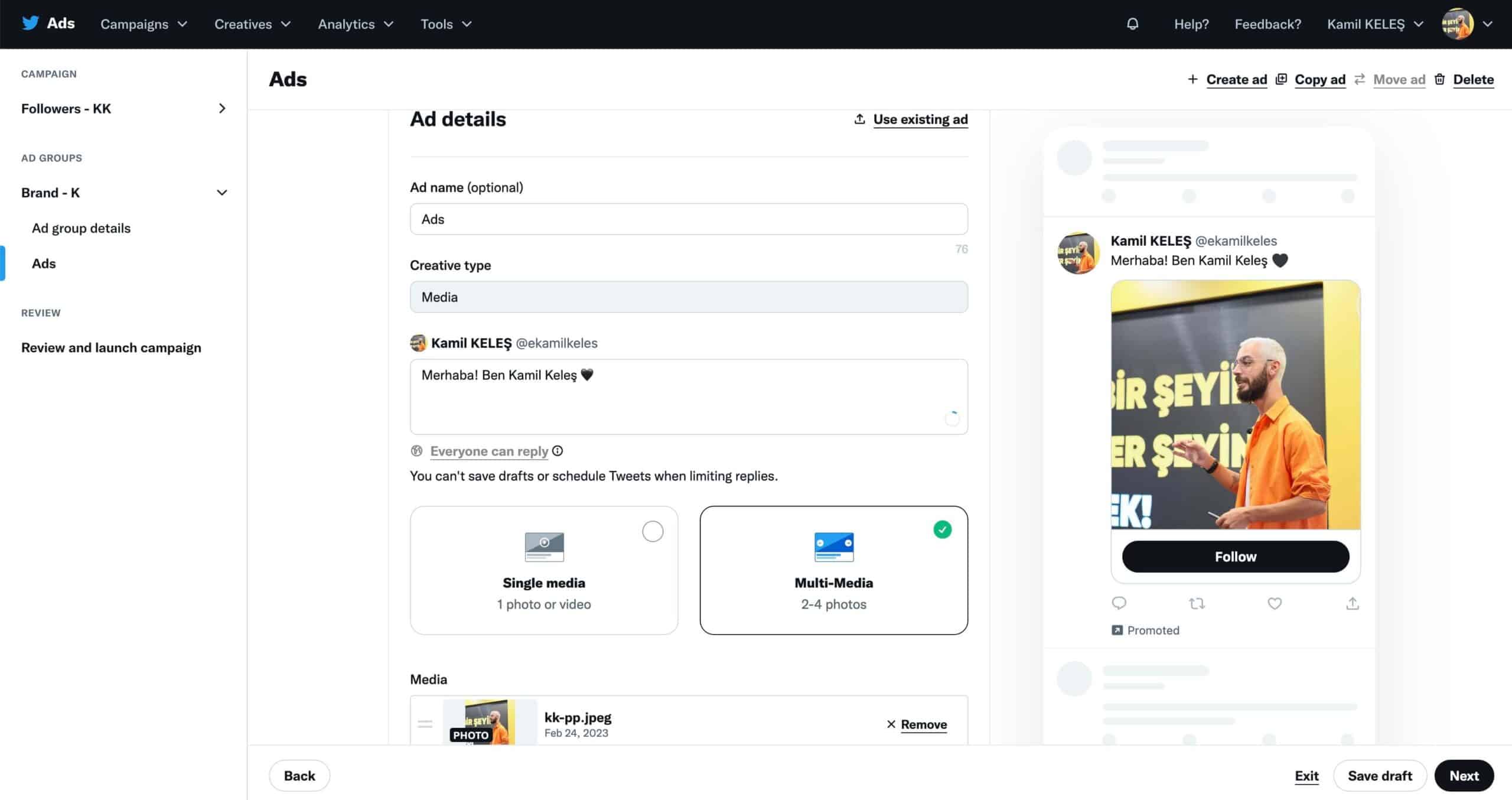 Twitter Ads reklam içeriği ve önizleme oluşturma ekranı