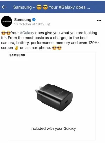 Samsung’un telefon kutusundaki şarj adaptörünü vurguladığı sosyal medya paylaşımı