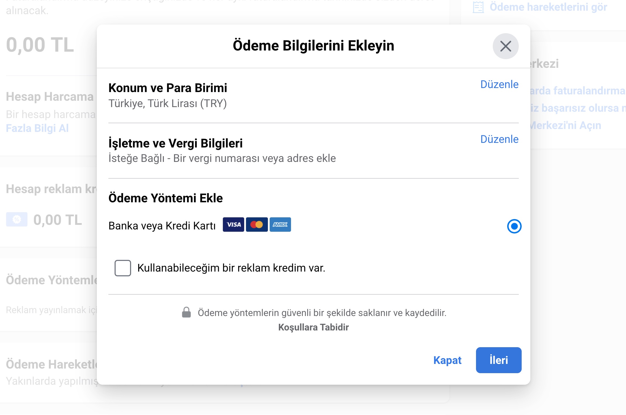 Facebook Reklam Hesabı Ödeme Yöntemi Ekleme